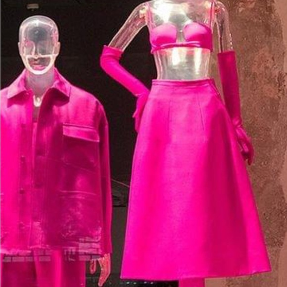 BCBG Hot Pink Fuschia 💯 Silk Taffeta Runway Skirt Valentino Look Ribbon Belt 💕